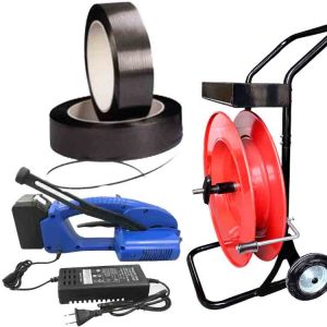 Plastikinės juostavimo įrangos komplektas JET 12–16 mm PET/PP su akumuliatoriumi, įkrovikliu, 12 mm PP pakavimo juosta, juostų vežimėliu