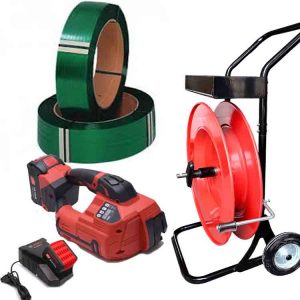 Plastikinės pakavimo juostos komplektas TITAN 10-16mm PET/PP su baterija, įkrovikliu, PET pakavimo juosta 12 mm, juostų vežimėliu