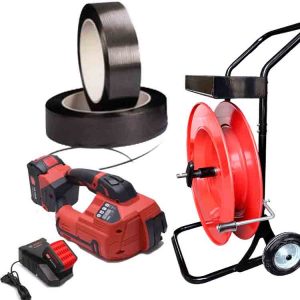 Polipropileninės pakavimo juostos rinkinys TITAN 10-16 mm PET/PP su akumuliatoriumi, įkrovikliu, 12 mm PP pakavimo juosta, pakavimo juostos vežimėliu